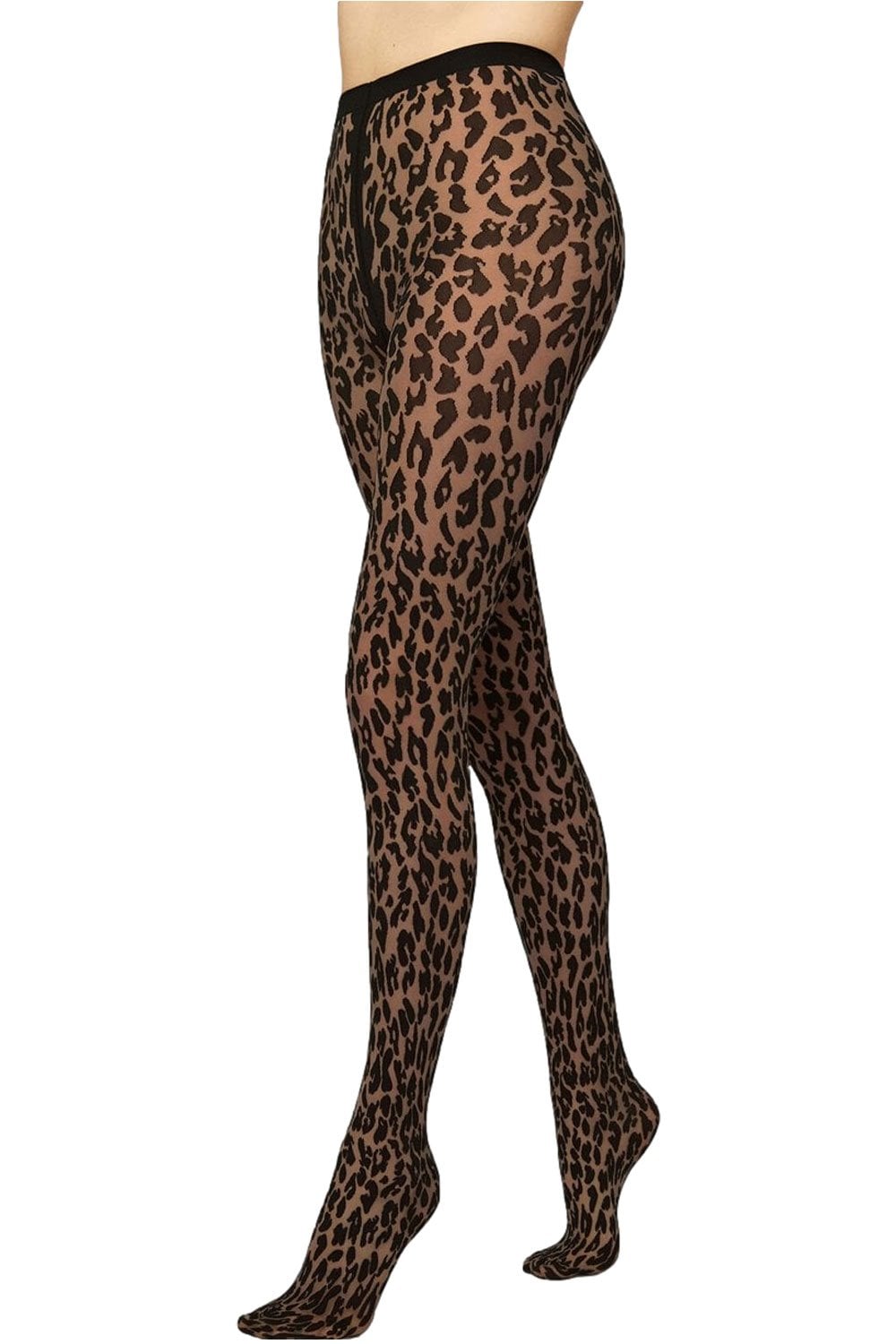 Leopard print tights worn by a person on a white background