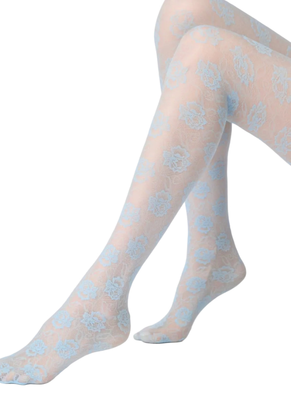 Lace tights  with light blue floral pattern worn by a person on a white background