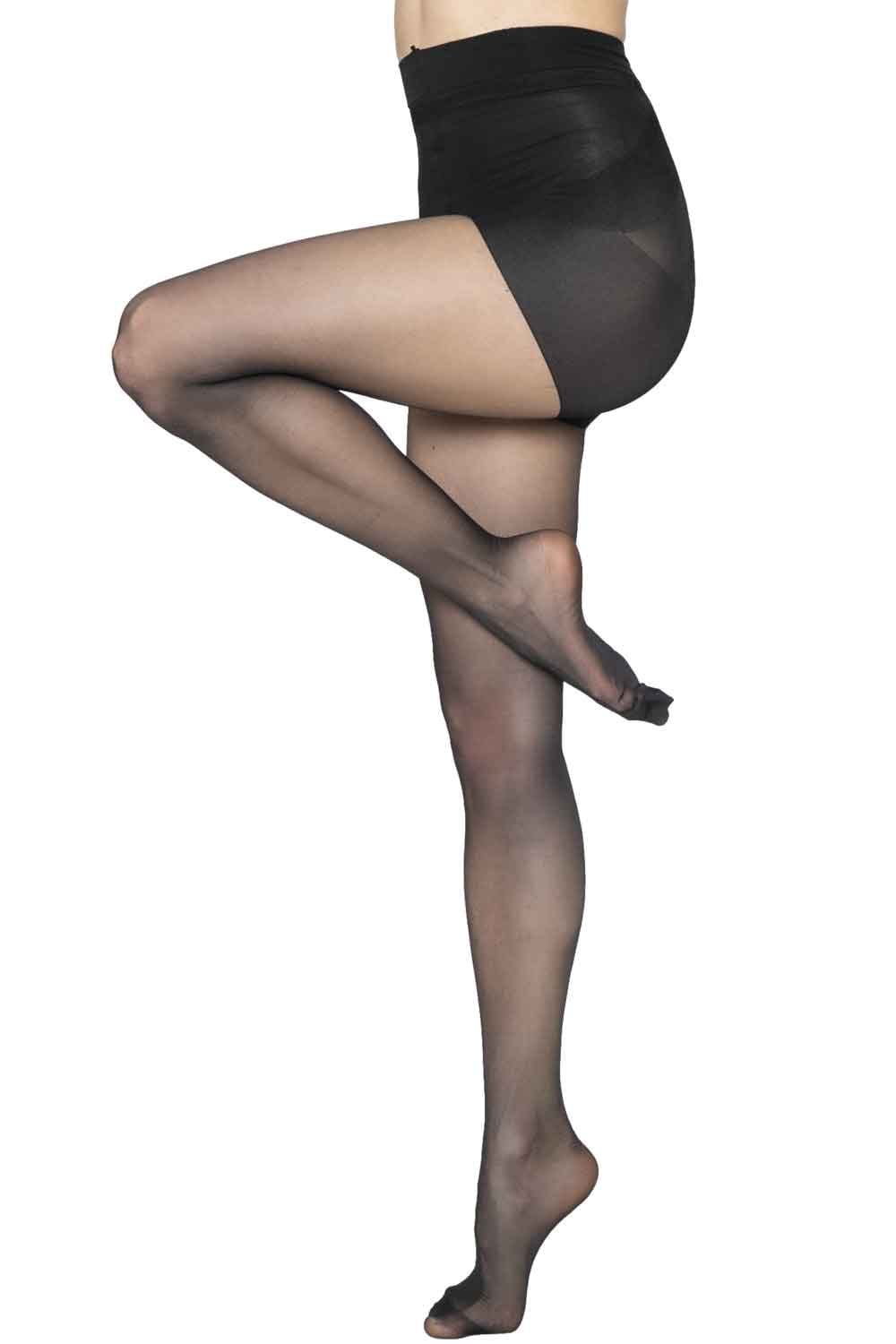 Black ladder resist body shaper tights worn by a person on a white background