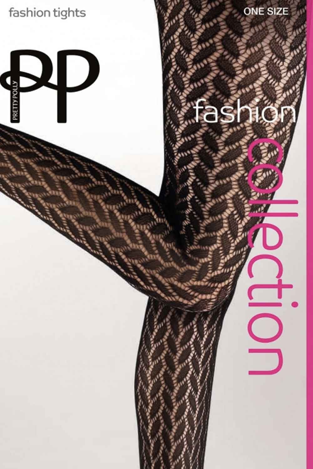 Patterned fashion tights with brand logo and text on a white background