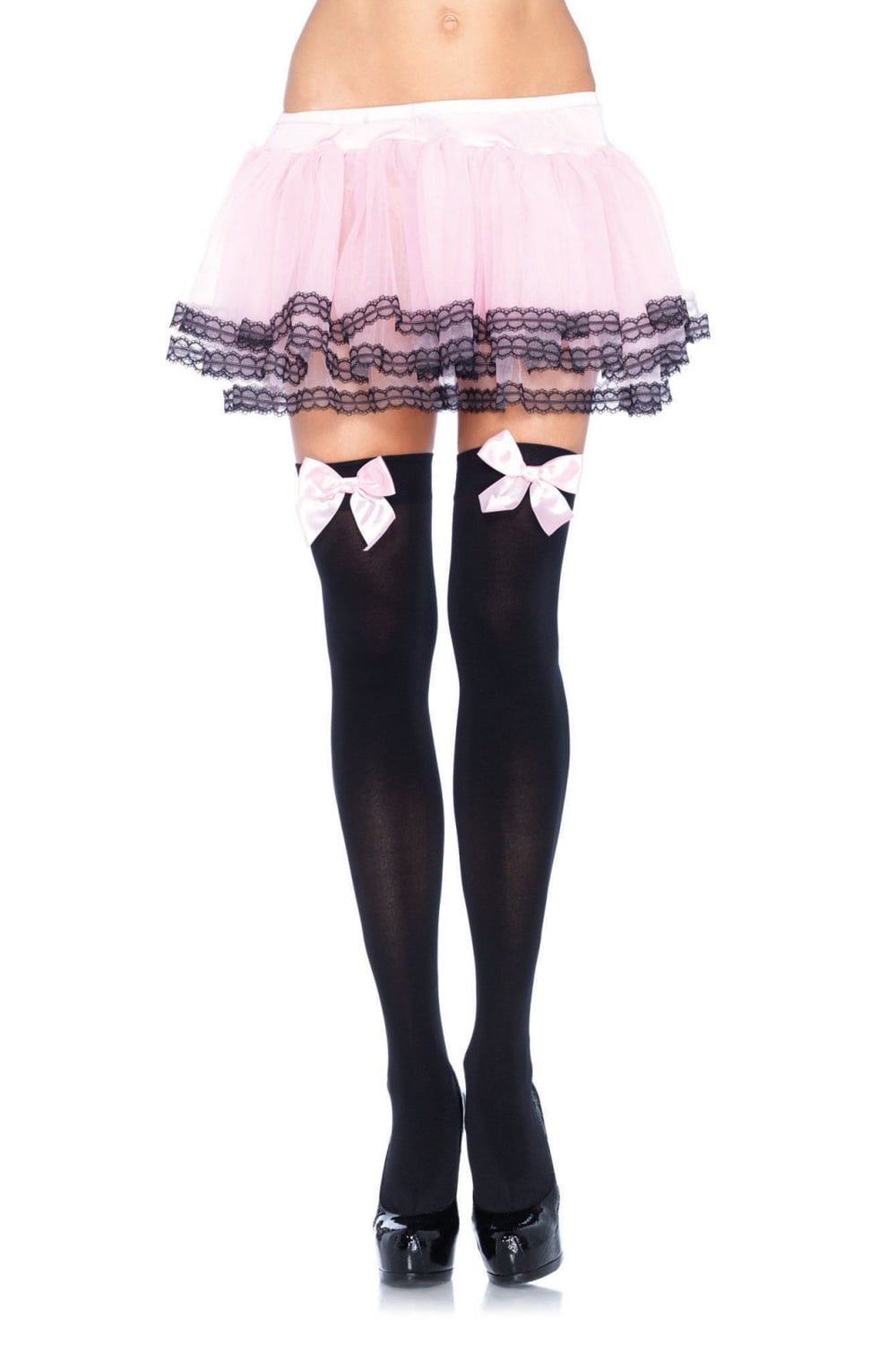 Black thigh high socks with pink bows  and a pink lace-trimmed skirt on a white background