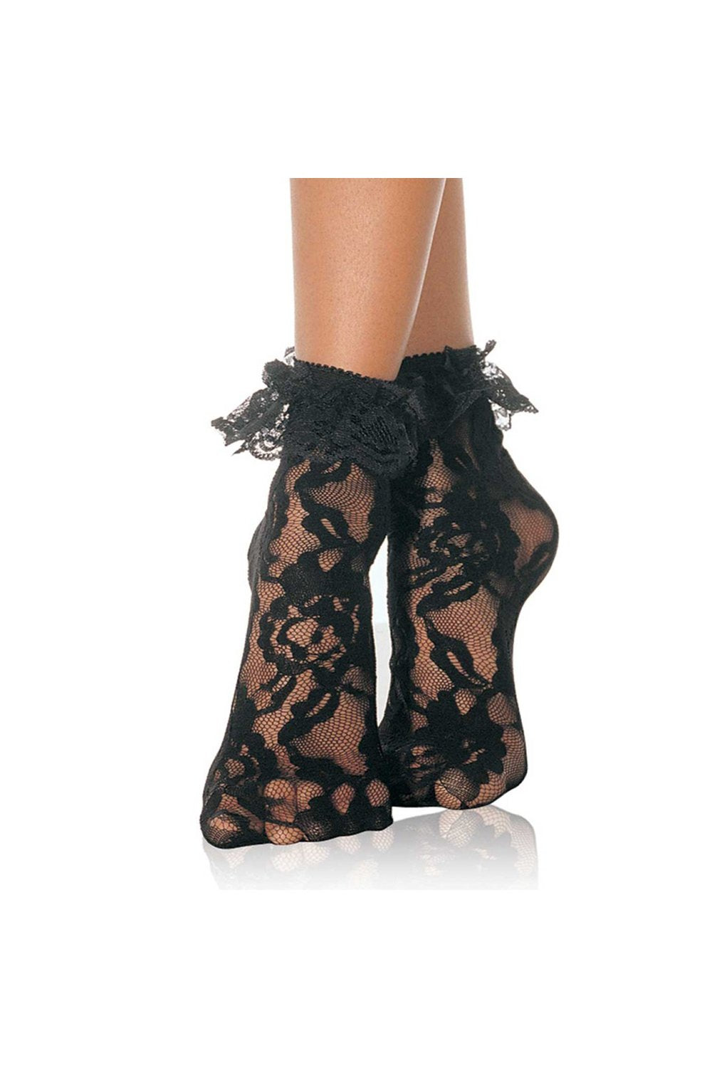 Black lace socks with floral details on a white background