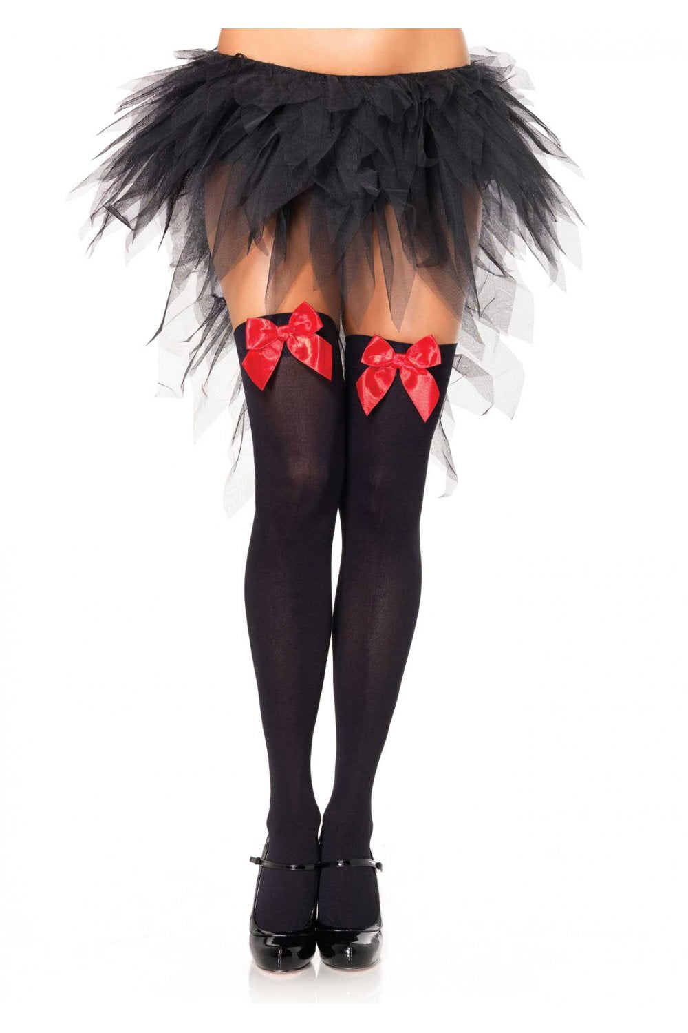 Black tutu with  black thigh high socks with red bows on a white background