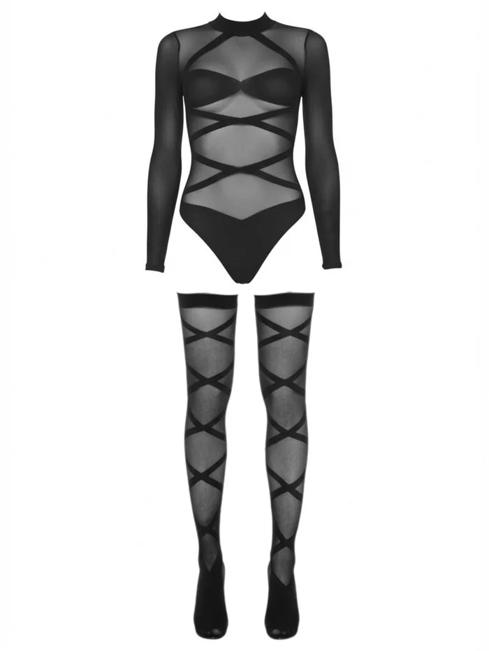 Black sheer bodysuit with long sleeves and matching hold ups on a white background