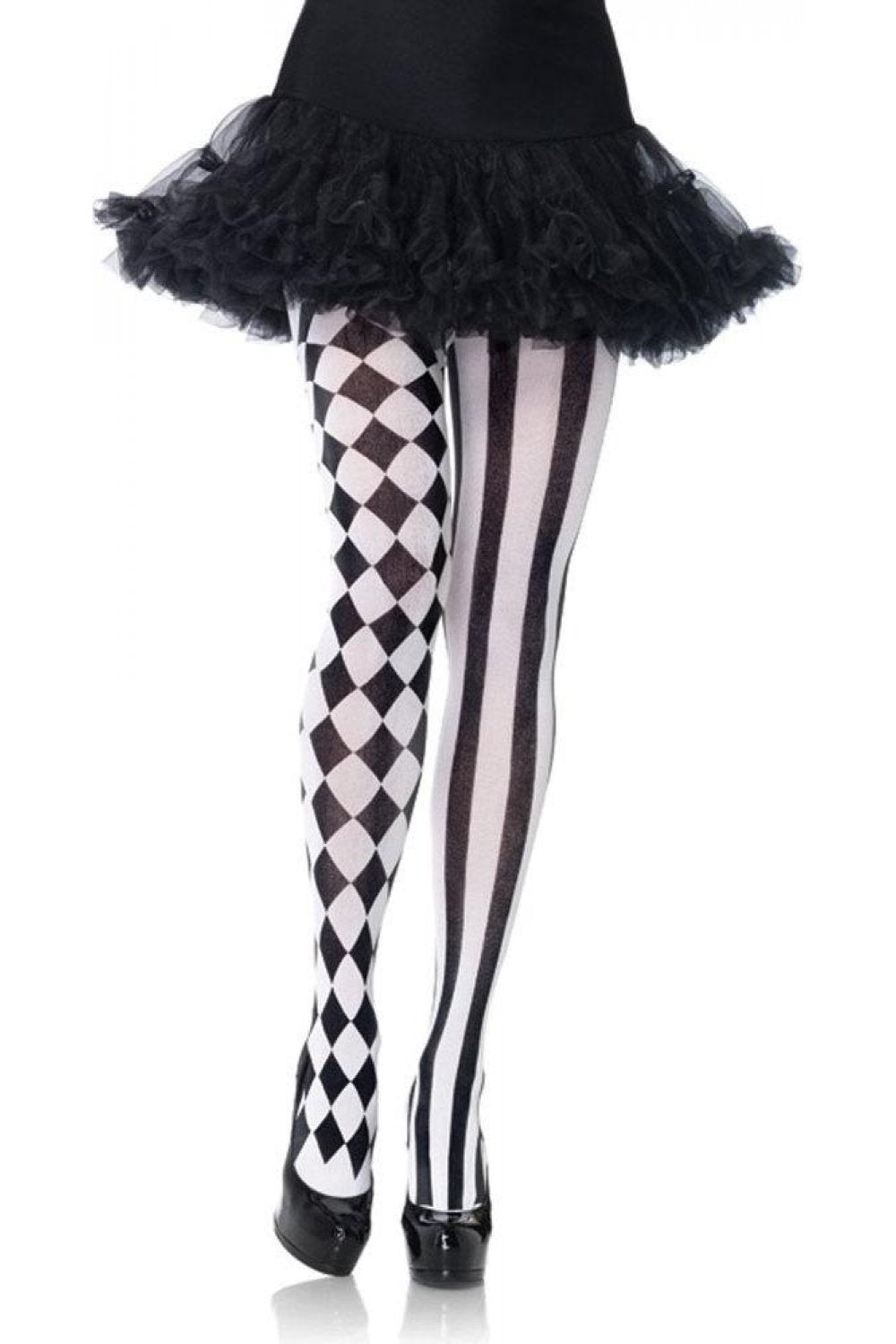 Harlequin-patterned tights with a black tutu on a white background