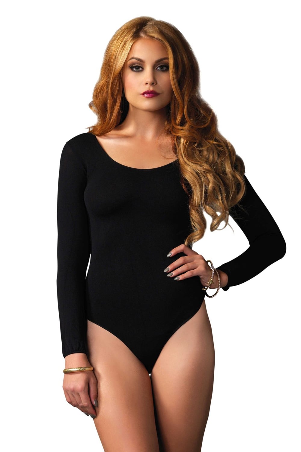 Woman wearing a black long sleeved bodysuit on a white background