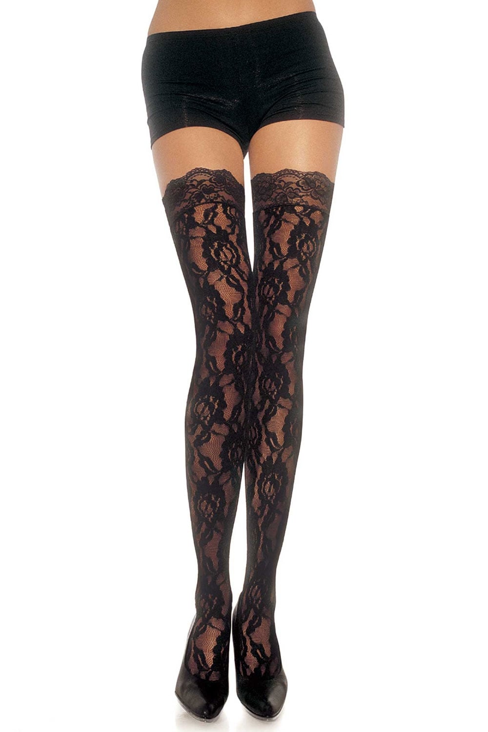 Black lace thigh-high stockings worn with black shorts on a white background