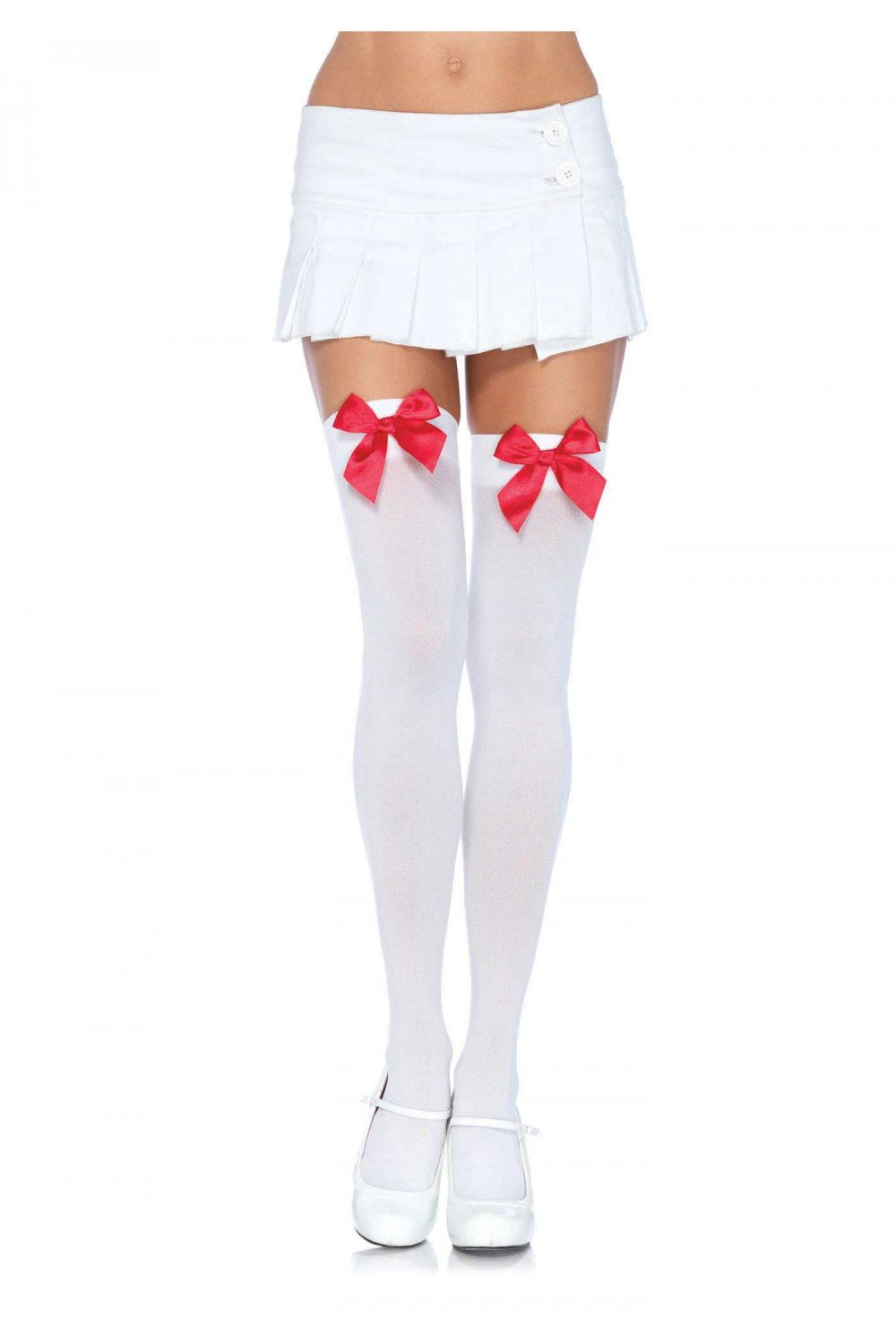 White thigh high socks  with red bows worn by a person on a white background