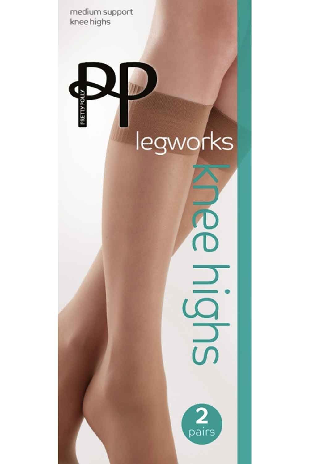 PP Legworks  nude knee highs packaging with a person wearing the product.