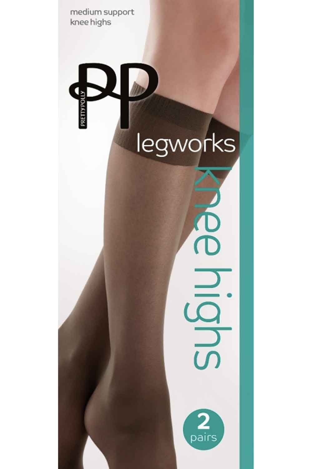 PP Legworks knee highs packaging with a person wearing the product.