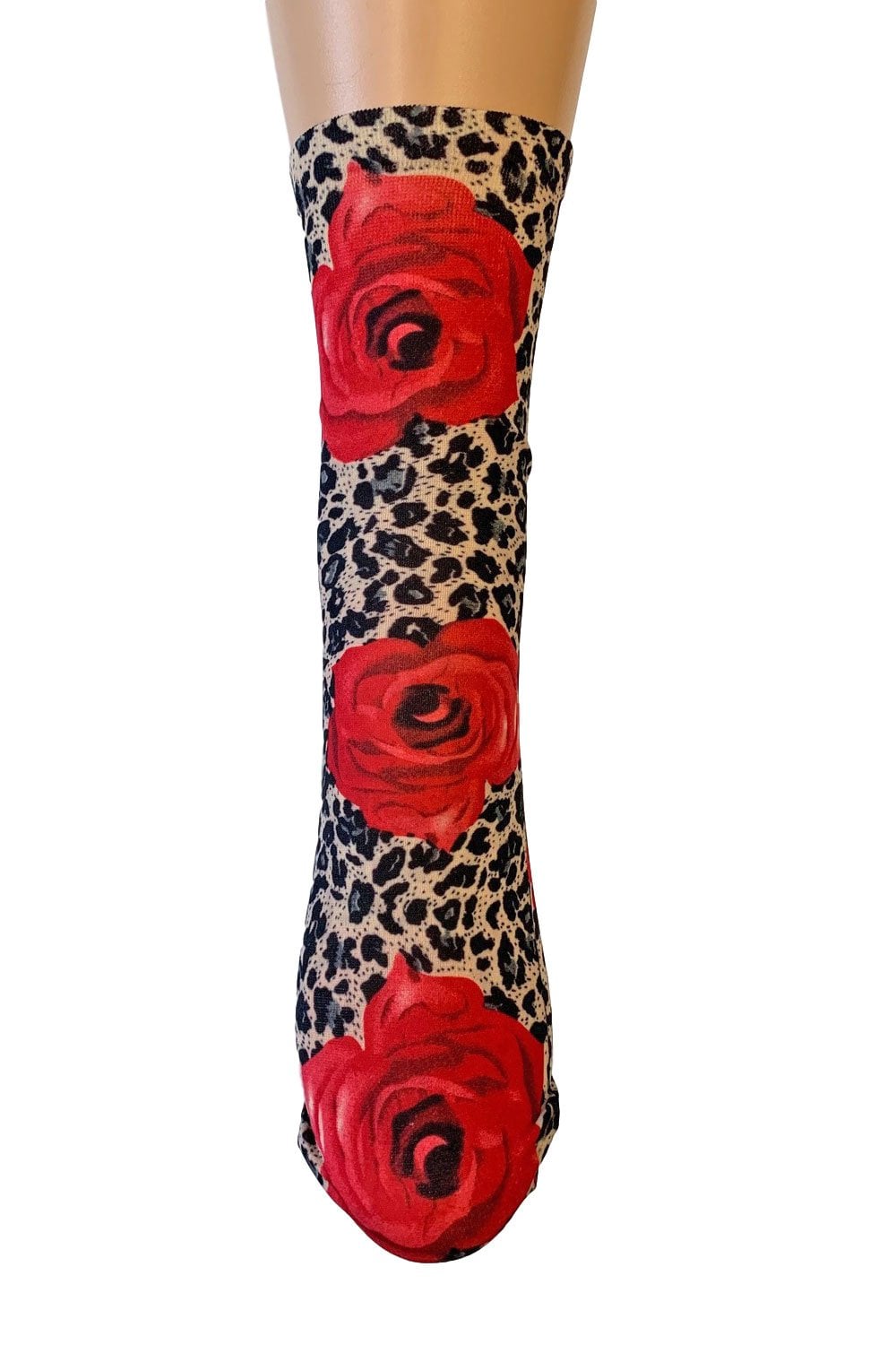 Sock with red rose and leopard print pattern on a white background