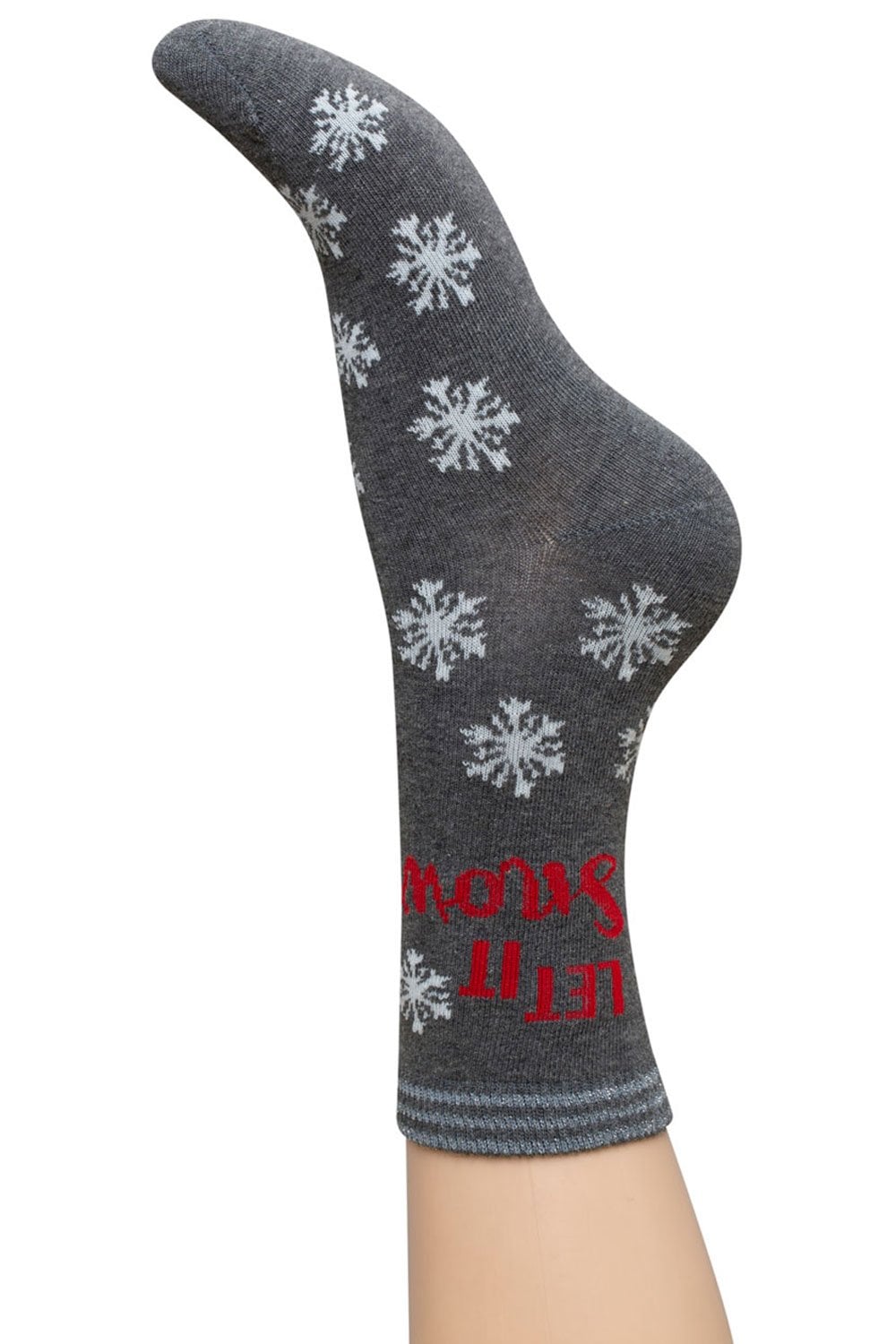 Gray sock with snowflake patterns and red let it snow text on a white background