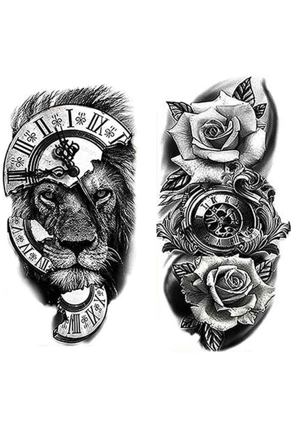 Tattoo designs featuring a lion's head and roses on a white background