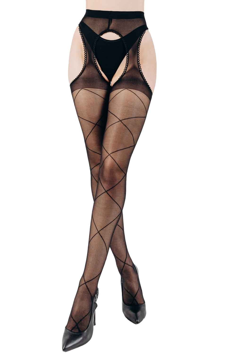 Black diamond patterned suspender tights on a white background