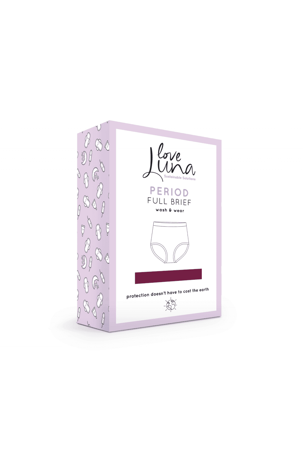 Box of Love Luna  full brief in plum period underwear on a white background
