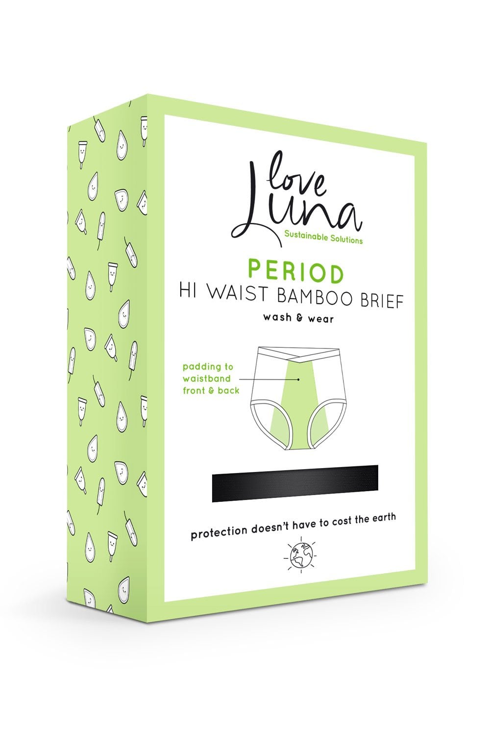 Box of Love Luna period high waist bamboo briefs on a white background