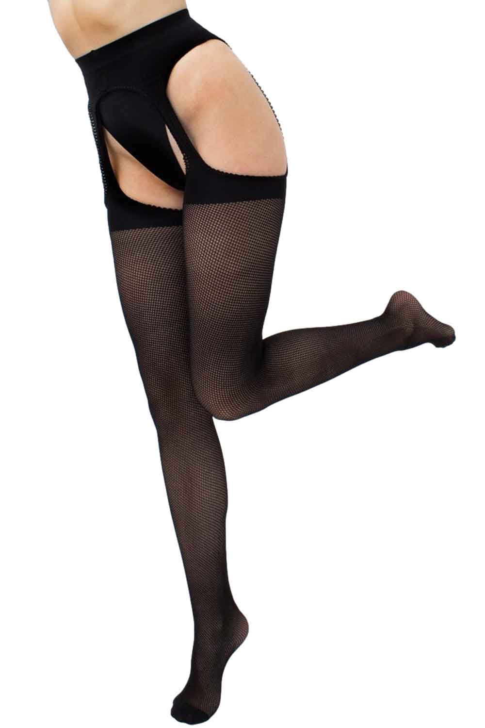 Black fishnet suspender tights  on a white background