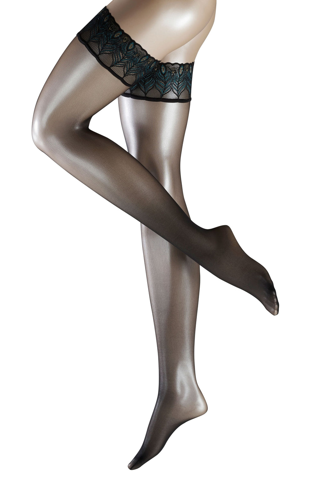Black lace top hold ups  on a mannequin leg against a white background