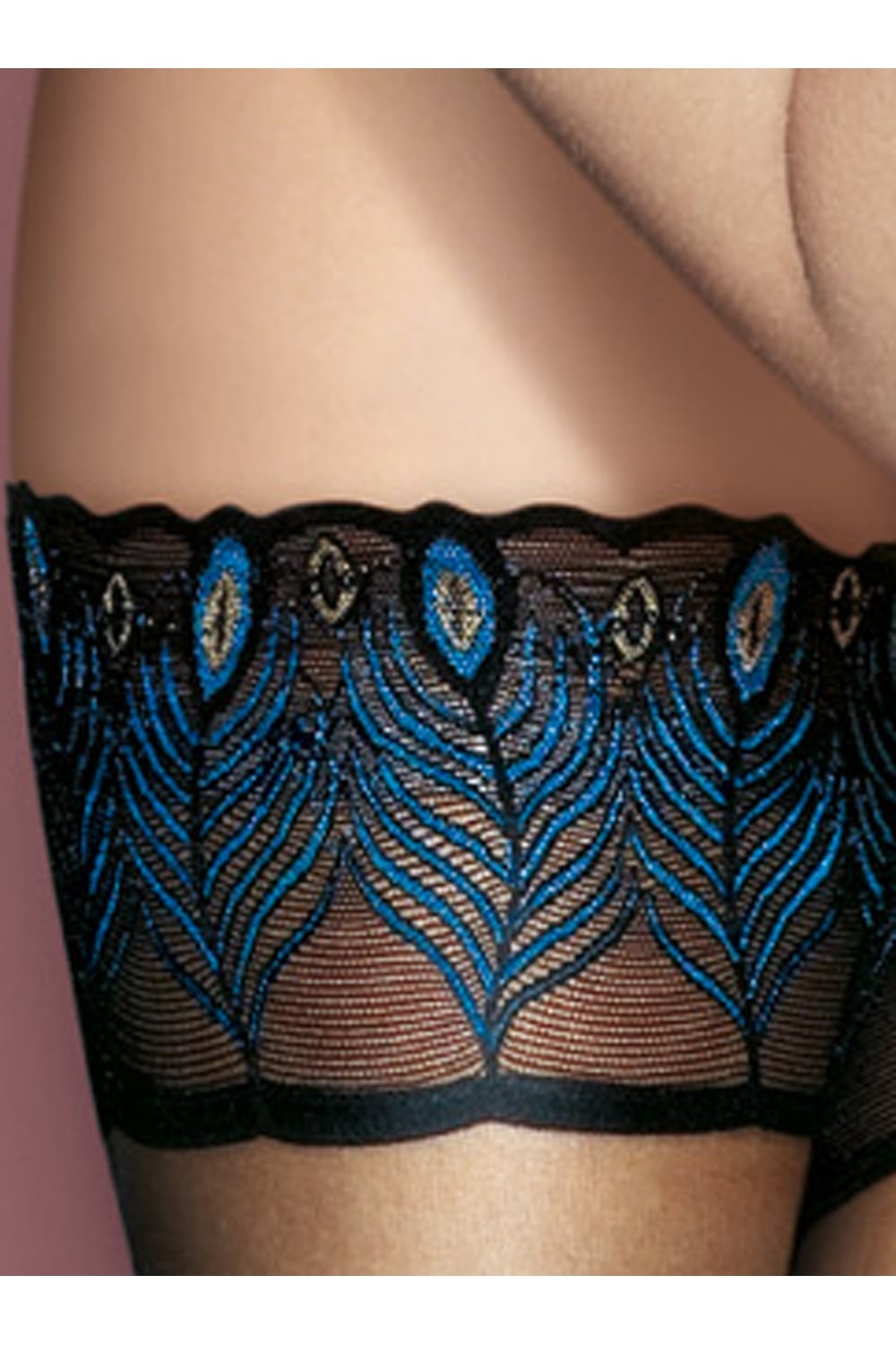 Black lace top hold up with blue embroidery on a person's leg.