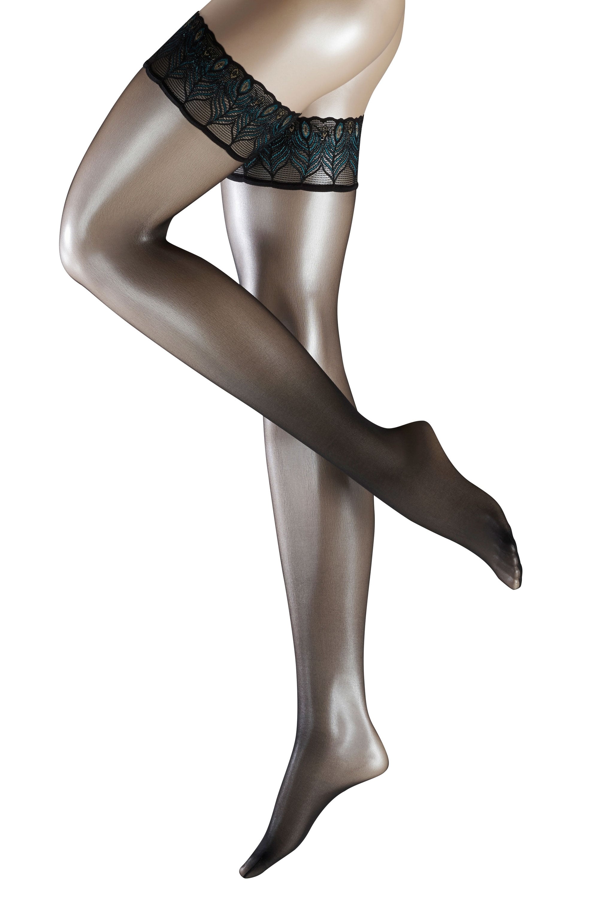 Black lace top hold ups  worn by a mannequin leg on a white background