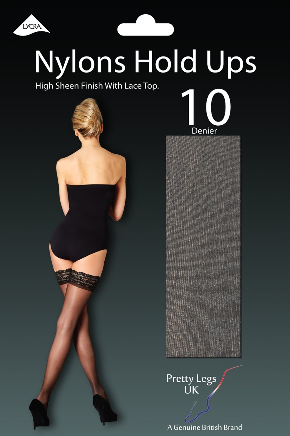 Nylons hold-ups packaging with a woman wearing them 