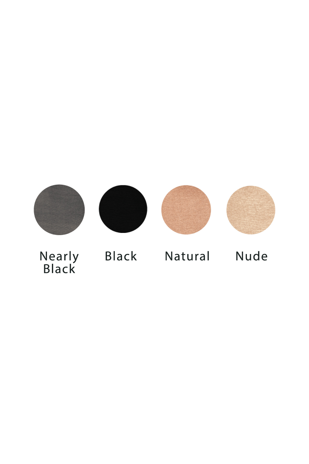Color swatches labeled 'Nearly Black', 'Black', 'Natural', and 'Nude' on a white background.