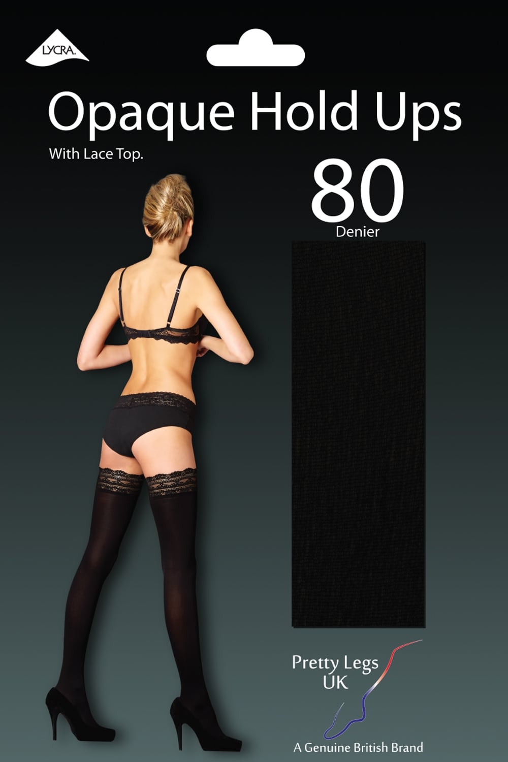 Opague hold ups with lace top on packaging featuring a model 