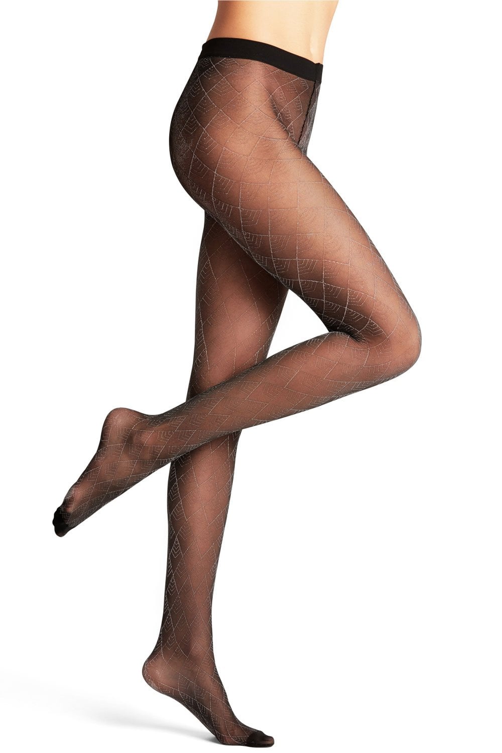 Black /gold patterned tights worn by a person on a white background