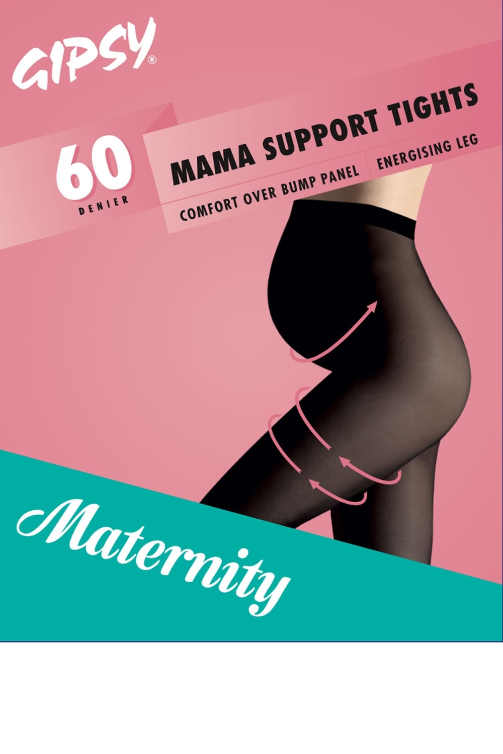 Gipsy Mama Support Maternity Tights packaging with a pink and teal design.