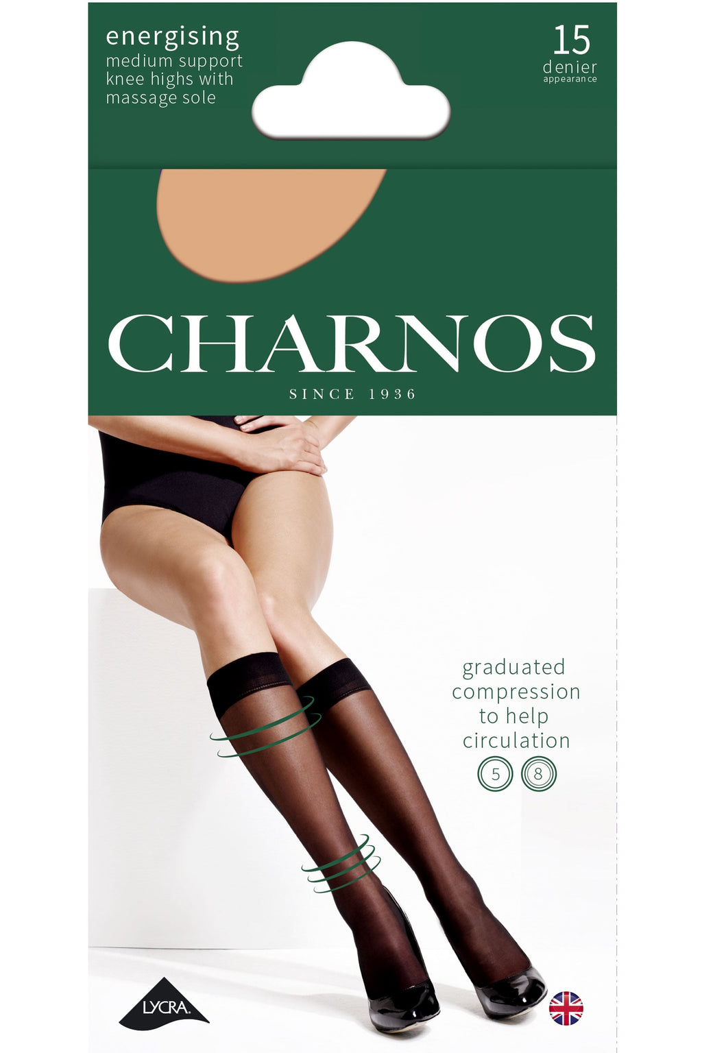 Charnos compression hosiery packaging with a model wearing the product.