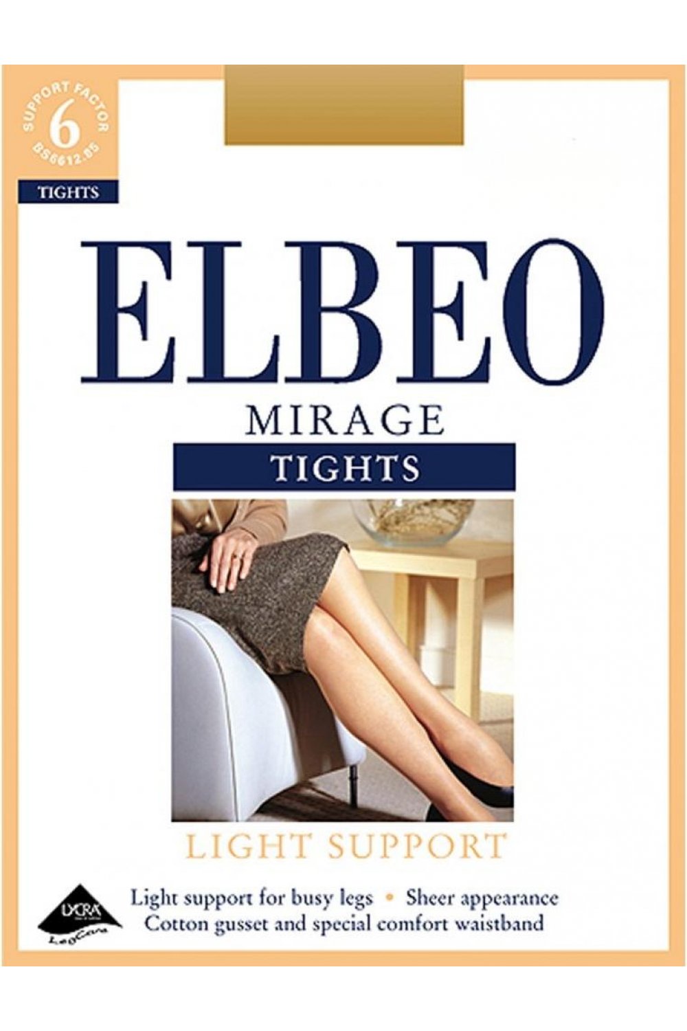 Elbeo Mirage Tights packaging with a person wearing tights in the background