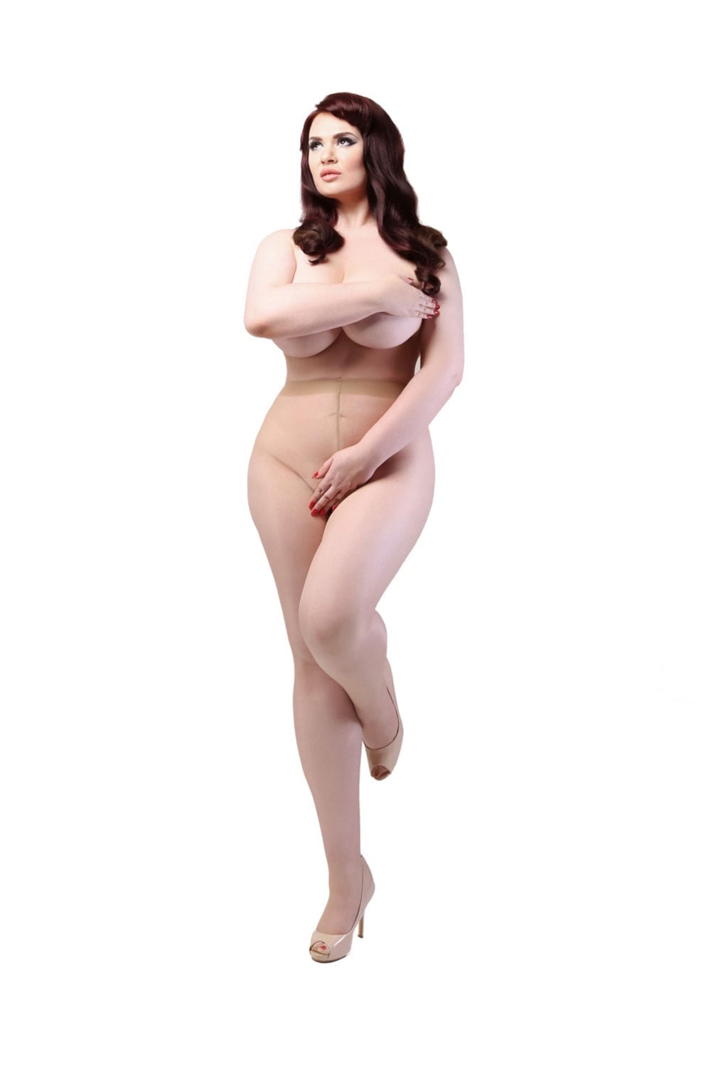 Woman wearing Miss Naughty  natural crotchless tights  on a white background 