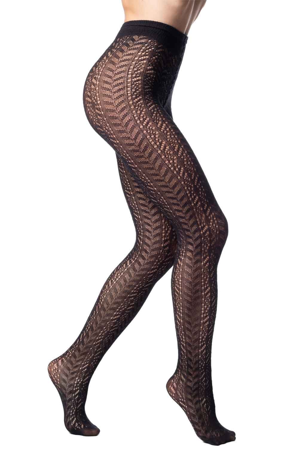 Mizar chevron patterned tights worn by a person on a white background