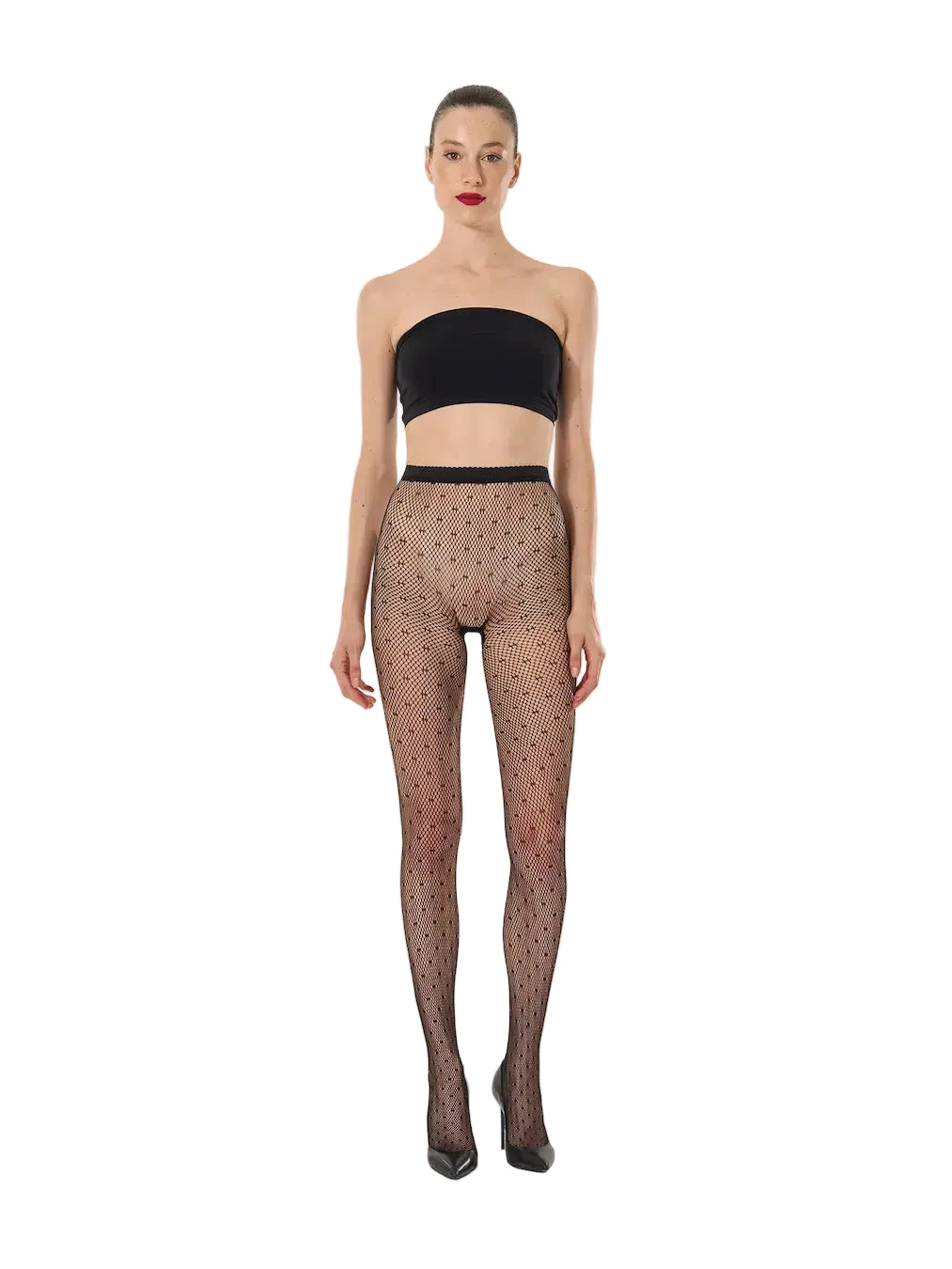 Black net dot  tights worn on model on a white background