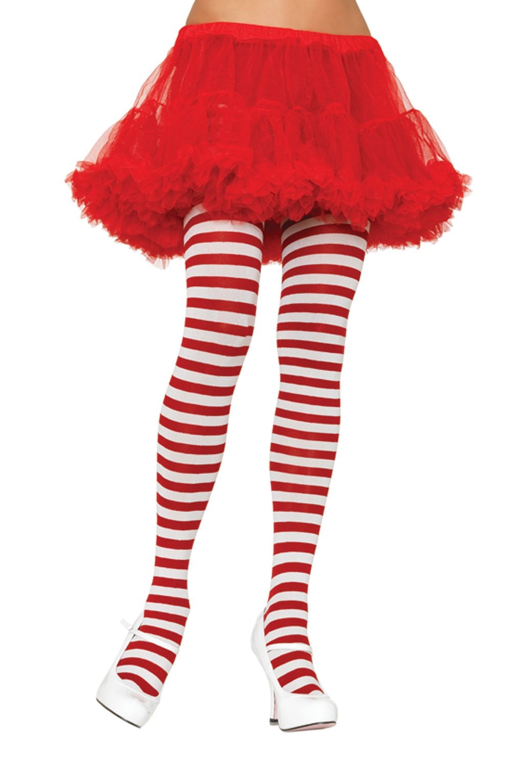 Red tutu skirt and red and white striped tights on a white background