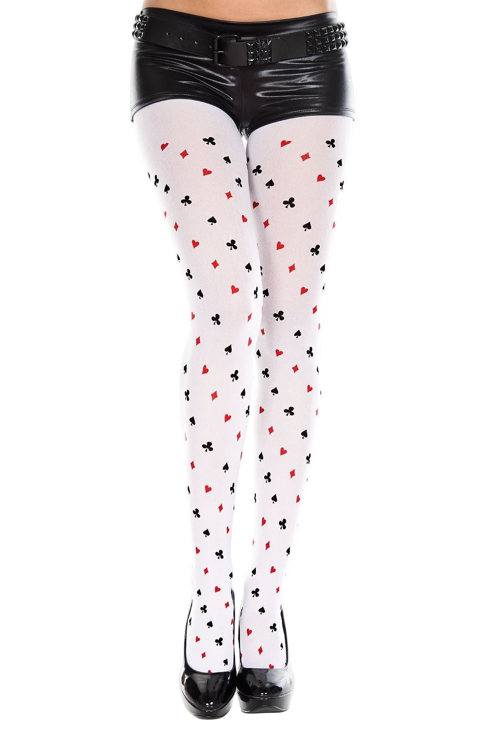 White tights with four suits pattern worn with black leather shorts  on a white background