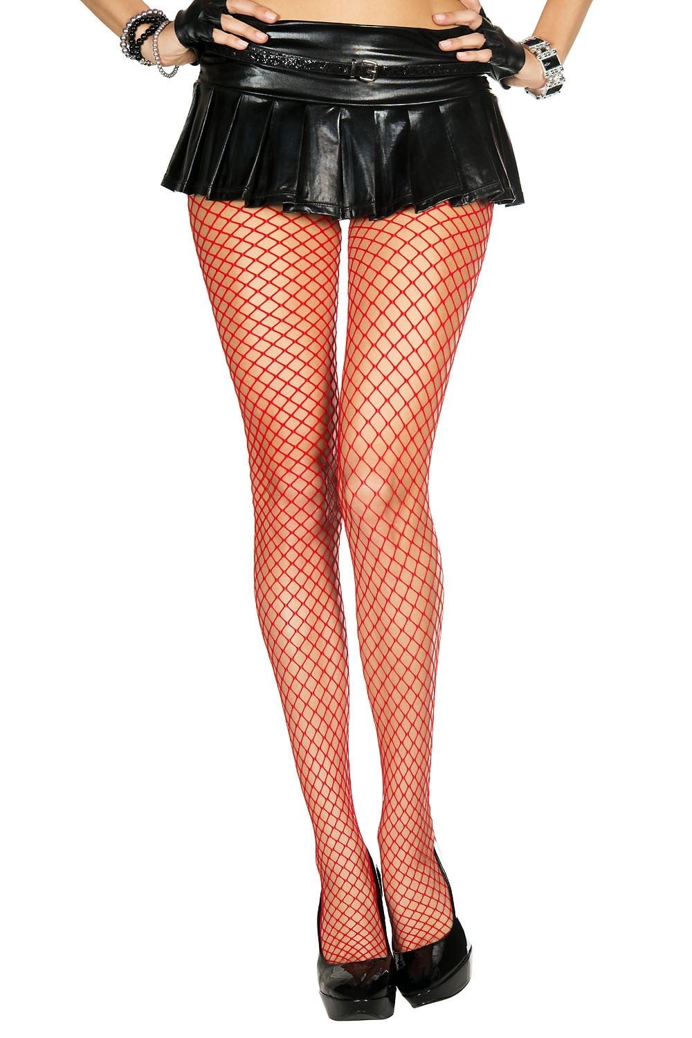 Person wearing black leather skirt and red mini diamond net  tights on a white background