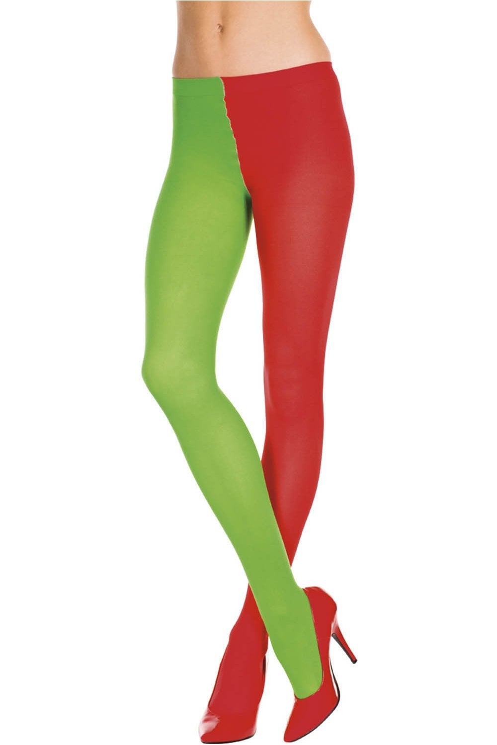 Green and red jester tights worn by a person on a white background