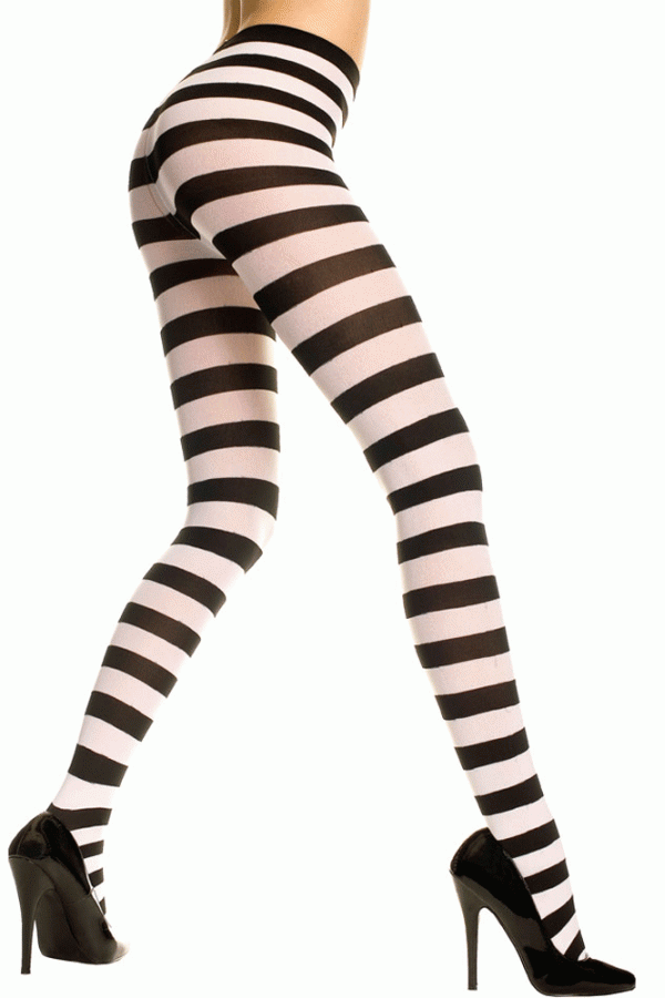 Music Legs black/white striped tights on a white background