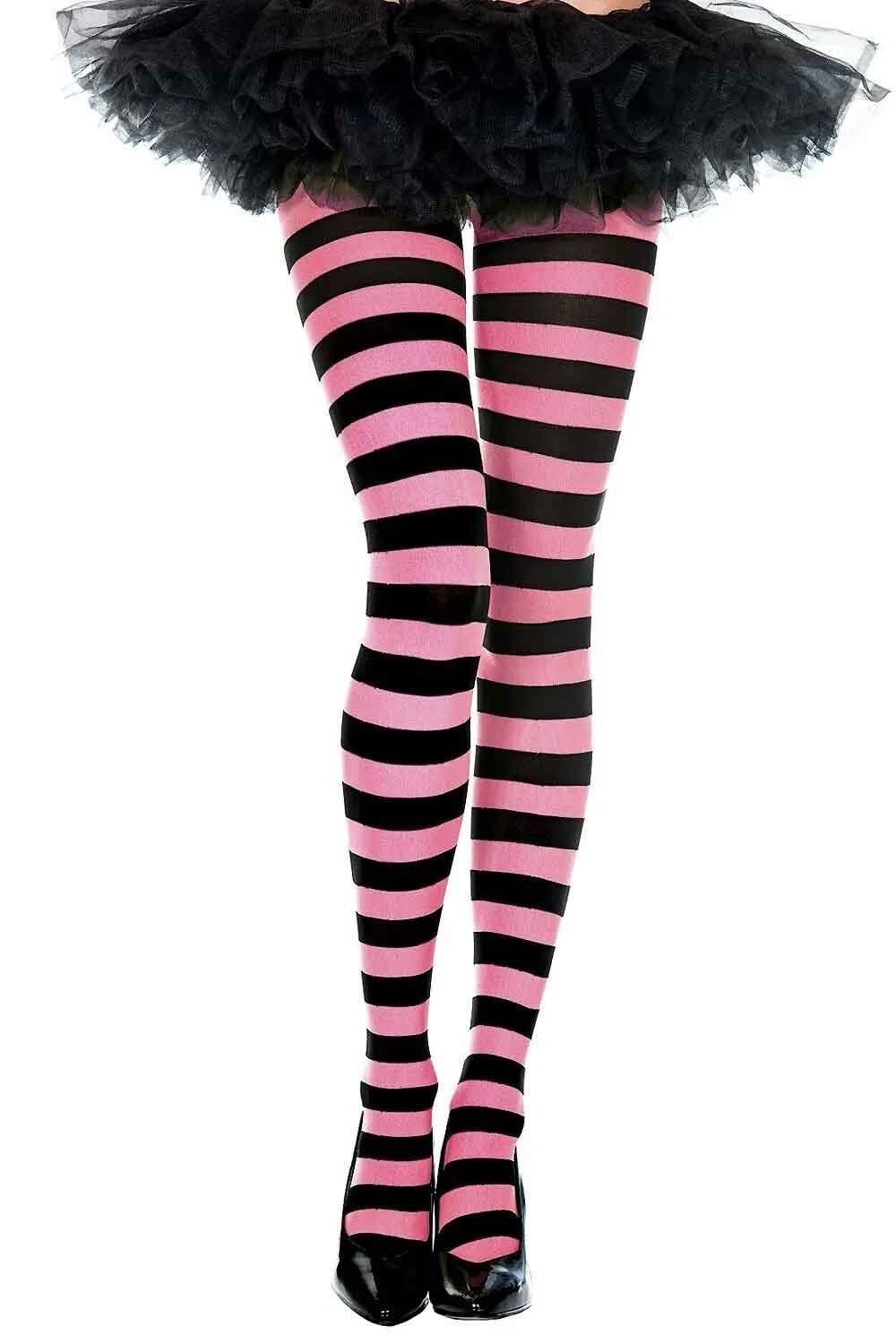 Black and pink striped tights worn with a black tutu on a white background