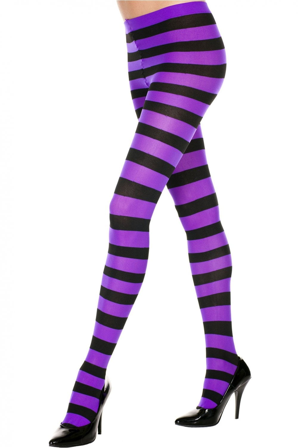 Purple and black striped tights worn by a person on a white background