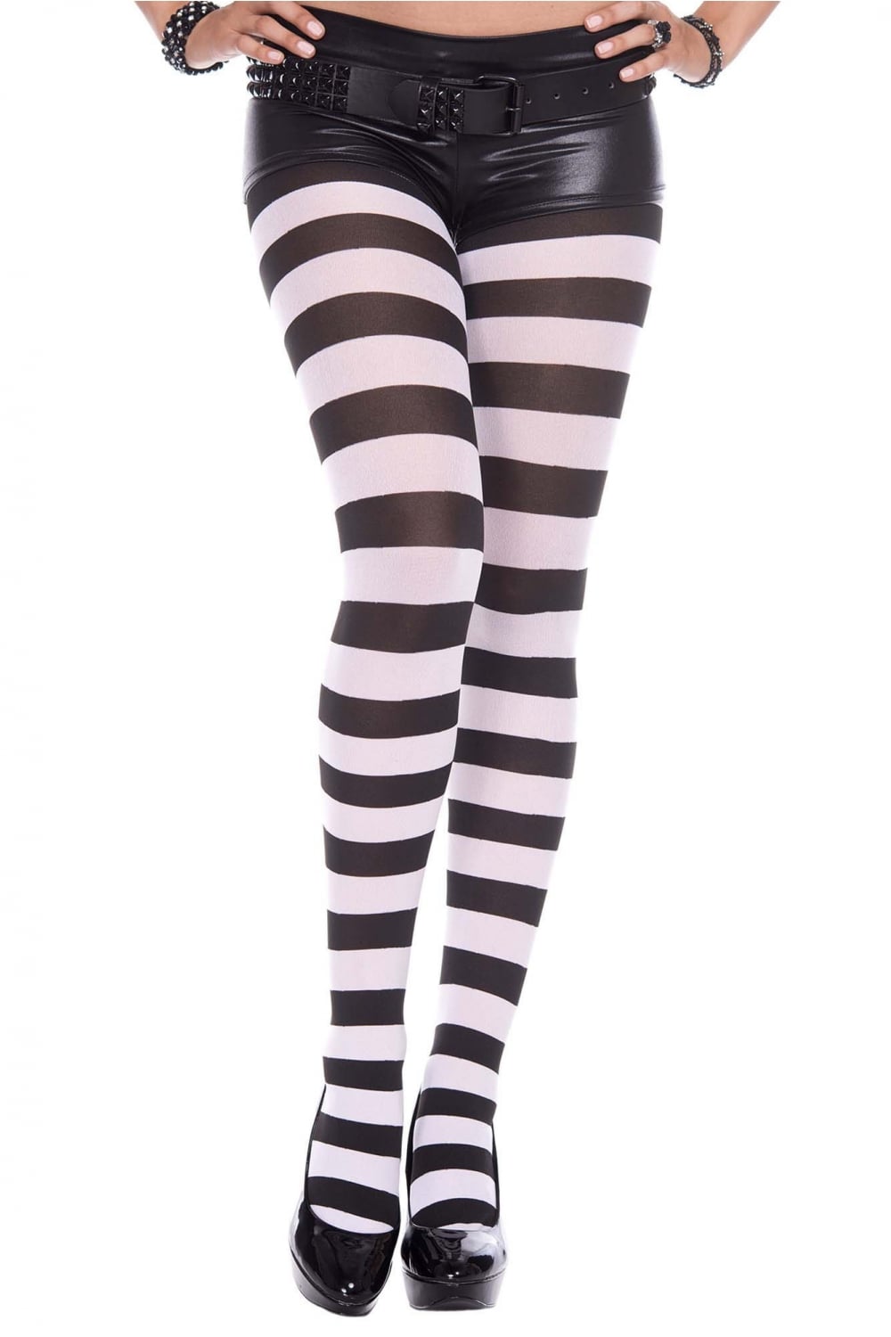 Black and white striped tights worn by a person on a white background