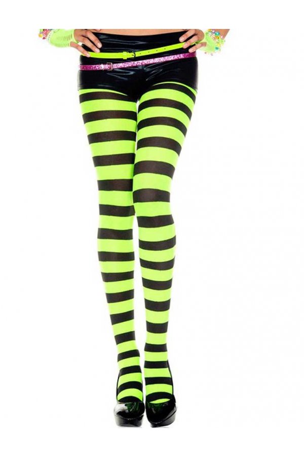Flourescent green and black striped tights on a white background