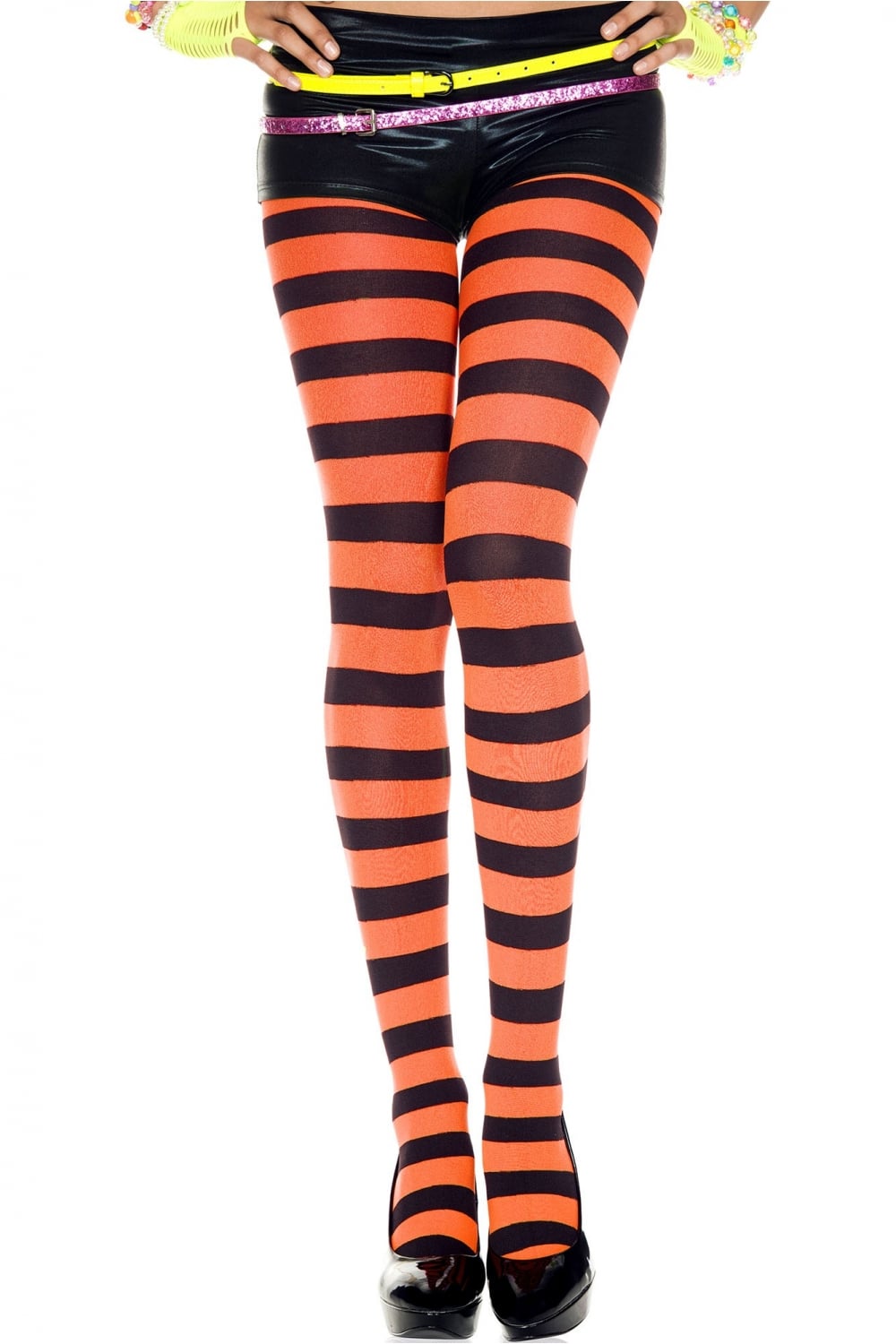 Black and orange striped tights on a white background