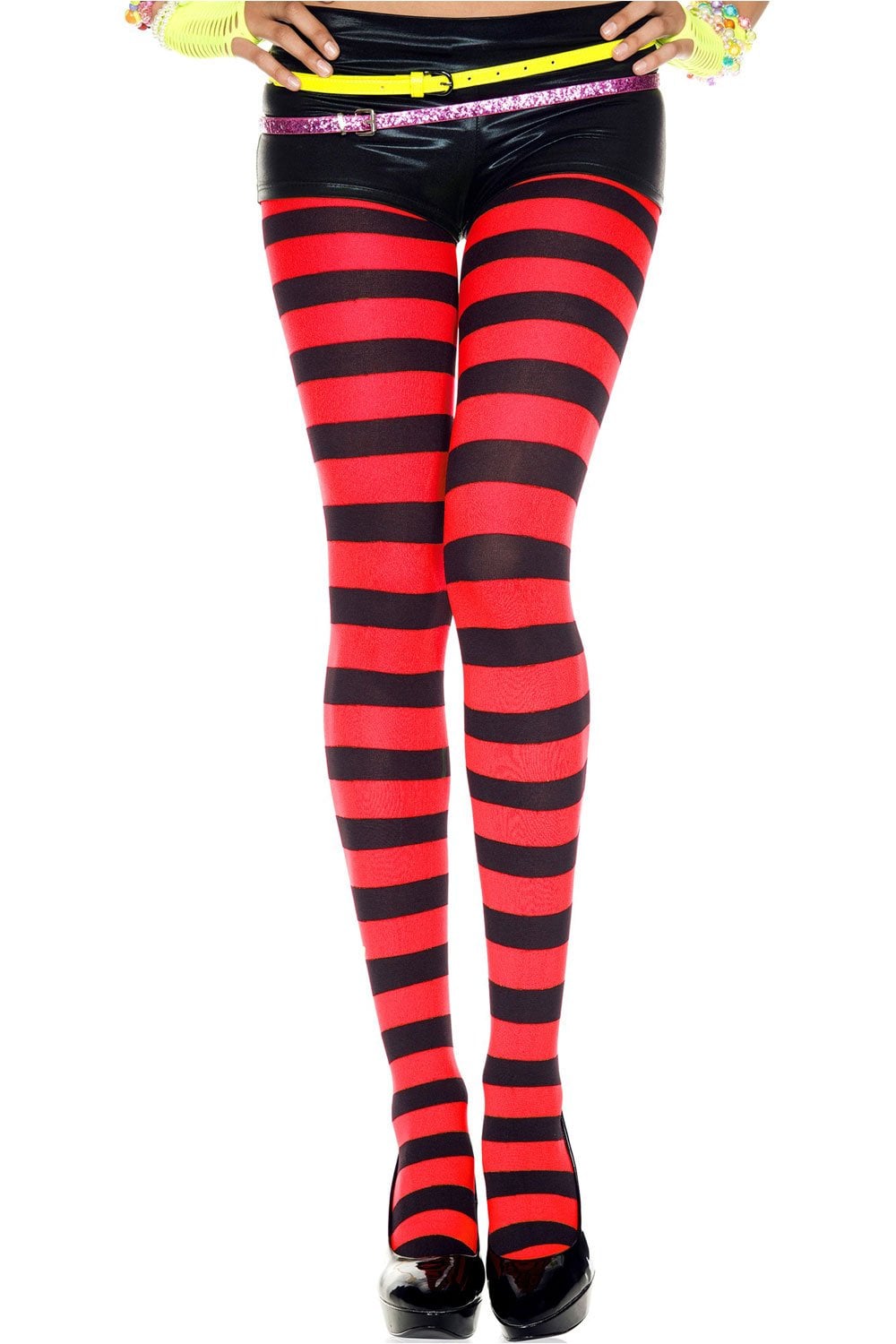 Red and black striped tights  worn by a person on a white background