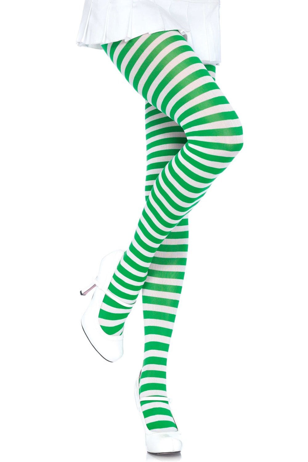 Green and white striped tights worn by a person on a white background