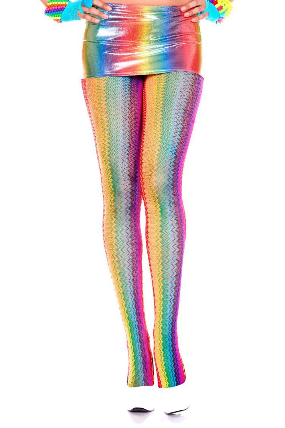 Person wearing rainbow coloured zig zag tights and a matching skirt on a white background