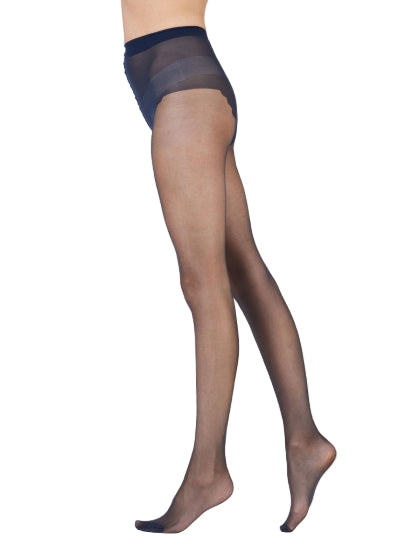 Sheer navy  tights worn by a person on a white background