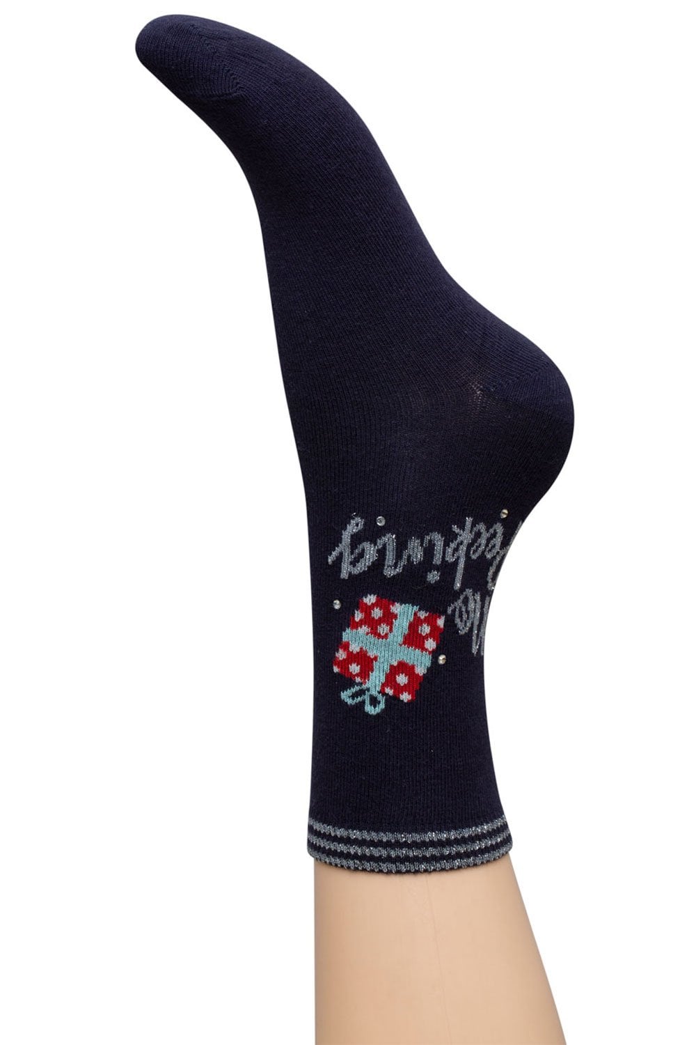 Navy blue sock with christmas parcel design and no peeking text on a white background