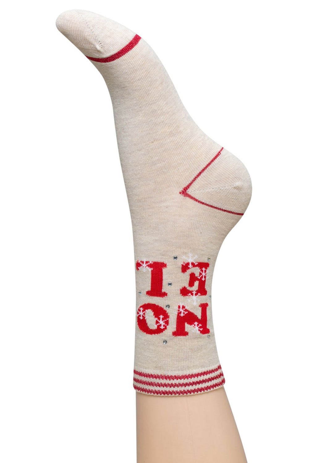 Beige sock with red noel text on a white background